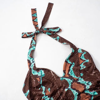 Ruched self tie halter v neck print contrast top