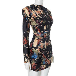 Long sleeve ruched tie dye print crewneck mini dress