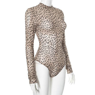 Long sleeve leopard print button sheer mesh bodysuit