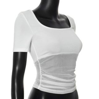 Short sleeve square neck mesh patchwork top