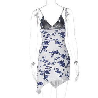 Lace v neck print patchwork ruffle cami mini dress