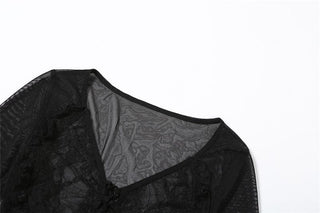 Long flared sleeve mesh see through lace up crop top
