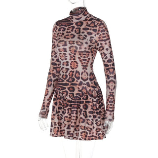 Leopard print long sleeve high neck mini dress