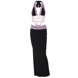Halter patchwork lace deep v neck maxi dress