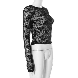 Long sleeve crewneck lace see through solid top