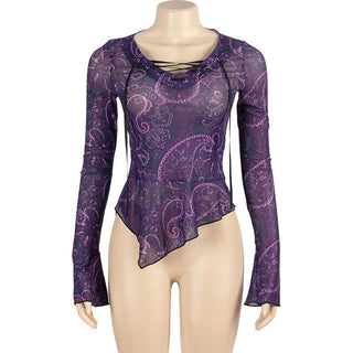 Long flared sleeve print lace up irregular sheer mesh ruffle top