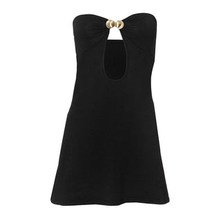 Metal applique hollow out solid tube cut out mini dress