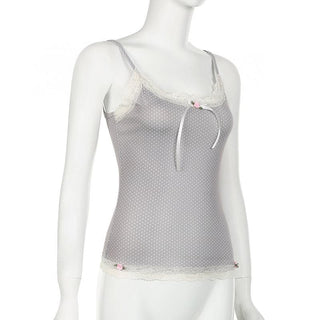 Lace hem polka dot rose applique cami top