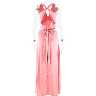 Ruched bowknot v neck satin cross back maxi dress