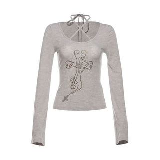 Halter long sleeve self tie beaded top