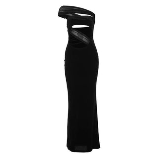 One shoulder irregular hollow out velvet mesh cut out maxi dress