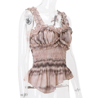 Ruffle tie dye smocked sweetheart neck cami top