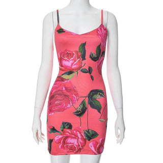 Rose print v neck backless cami mini dress