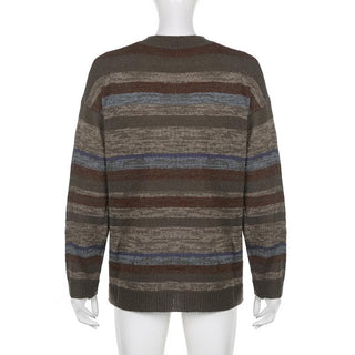 Knitted striped contrast long sleeve crewneck top