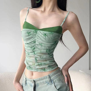 Mesh ruched patchwork print cami top