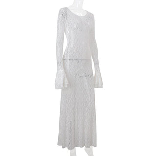 Long flared sleeve lace see through maxi dress