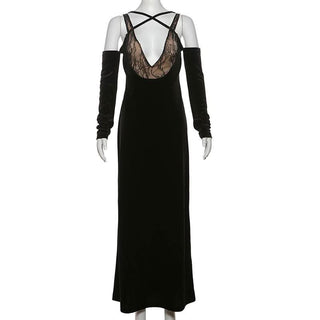 Off shoulder v neck velvet lace hem cami maxi dress