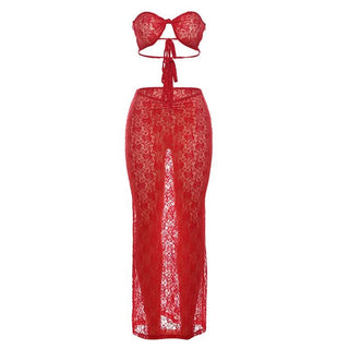 Self tie lace ruched knotted see through maxi skirt set