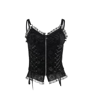 V neck lace hem zip-up ruffle lace up cami top