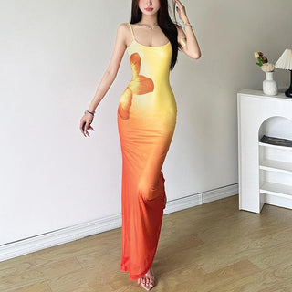 U neck gradient flower print cami maxi dress