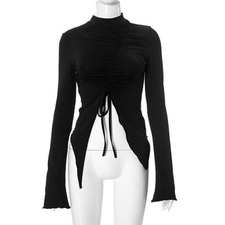 Long sleeve high neck ruched drawstring irregular top
