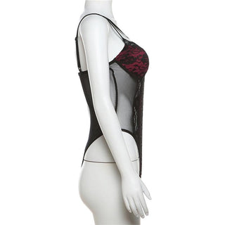 Patchwork v neck lace contrast bodysuit
