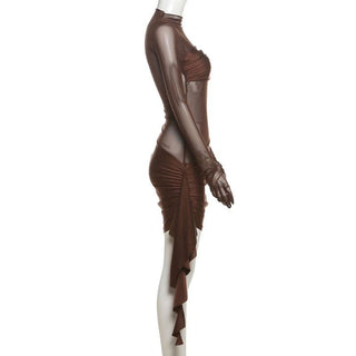 Long sleeve gloves mesh ruched patchwork mini dress