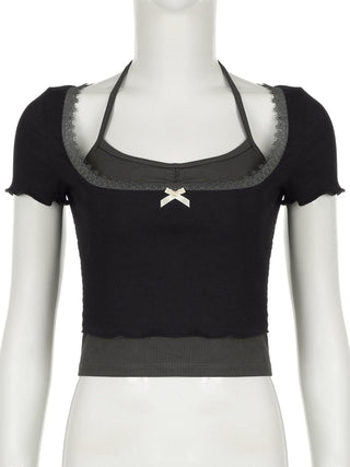 Short sleeve halter lace hem bowknot ribbed 2 piece top