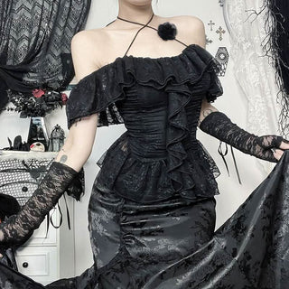 Halter self tie cross front lace ruched off shoulder top