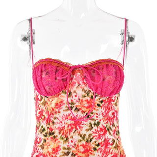 Lace patchwork ruffle knotted print cami midi dress