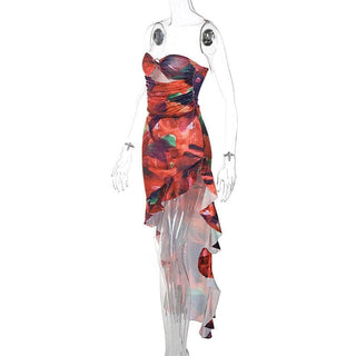 Ruffle o ring hollow out ruched irregular tube cut out midi dress