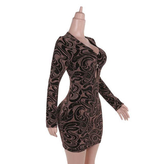 Long sleeve v neck hollow out ripple print cut out mini dress