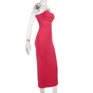 Cowl neck off shoulder ruched slit cami midi dress
