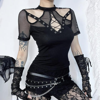Short sleeve fishnet hollow out patchwork cut out top
