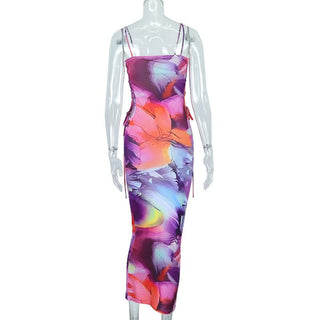 Print lace up backless contrast cami midi dress