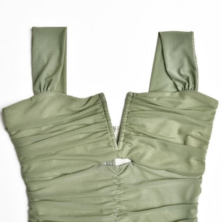 Solid ruched notch neck mesh zip-up ruffle maxi dress-final-sale