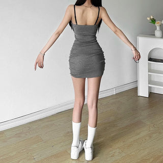 Ruched lace patchwork contrast v neck backless mini dress
