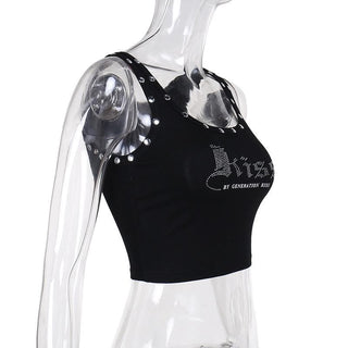 Letter pattern beaded u neck tank top