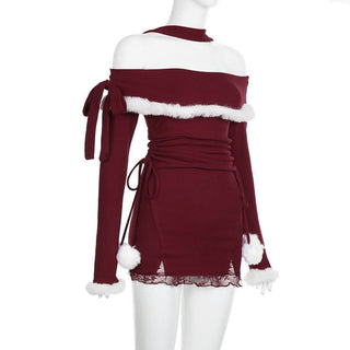 Halter off shoulder long sleeve fluffy self tie mini dress