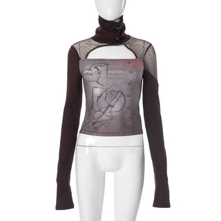 Long sleeve hollow out high neck button print cut out top