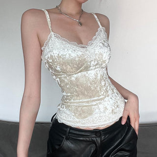 Velvet lace hem v neck backless cami top
