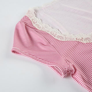 Short sleeve lace hem striped print button top