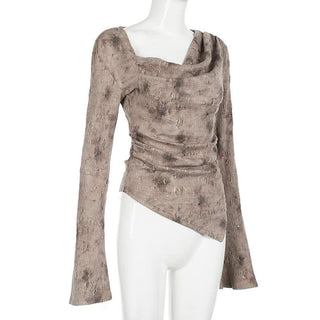 Long sleeve cowl neck ruched beaded top