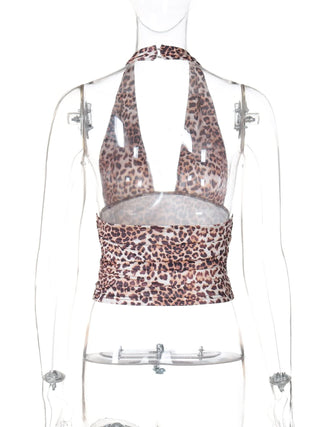 Leopard print halter backless crop top
