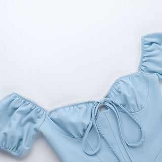 Off shoulder sweetheart neck self tie mini dress