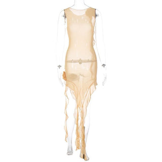 Ruffle sheer mesh see through flower applique ribbon sleeveless midi dress