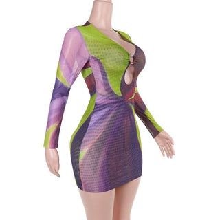 Long sleeve sheer mesh o ring print mini dress