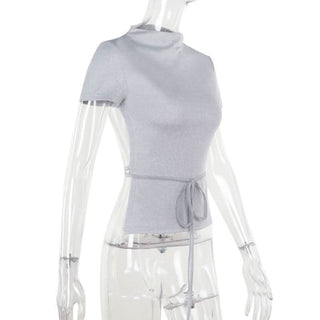 Short sleeve crewneck self tie backless top