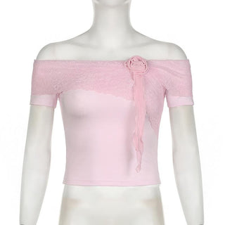 Short sleeve flower applique off shoulder ruffle top