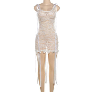 Sleeveless u neck lace bowknot knotted ribbon see through mini dress